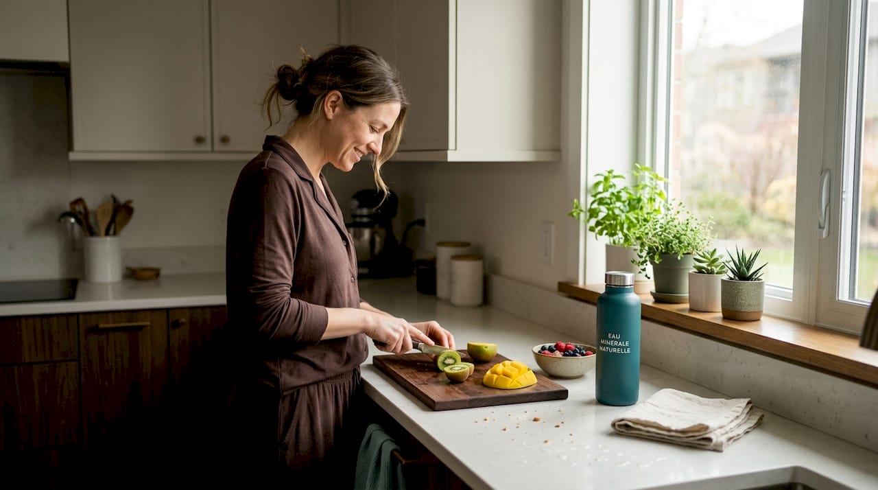 Dans le calme du matin, une femme coupe des fruits frais dans sa cuisine, profitant de ce moment paisible pour préparer son petit-déjeuner.
