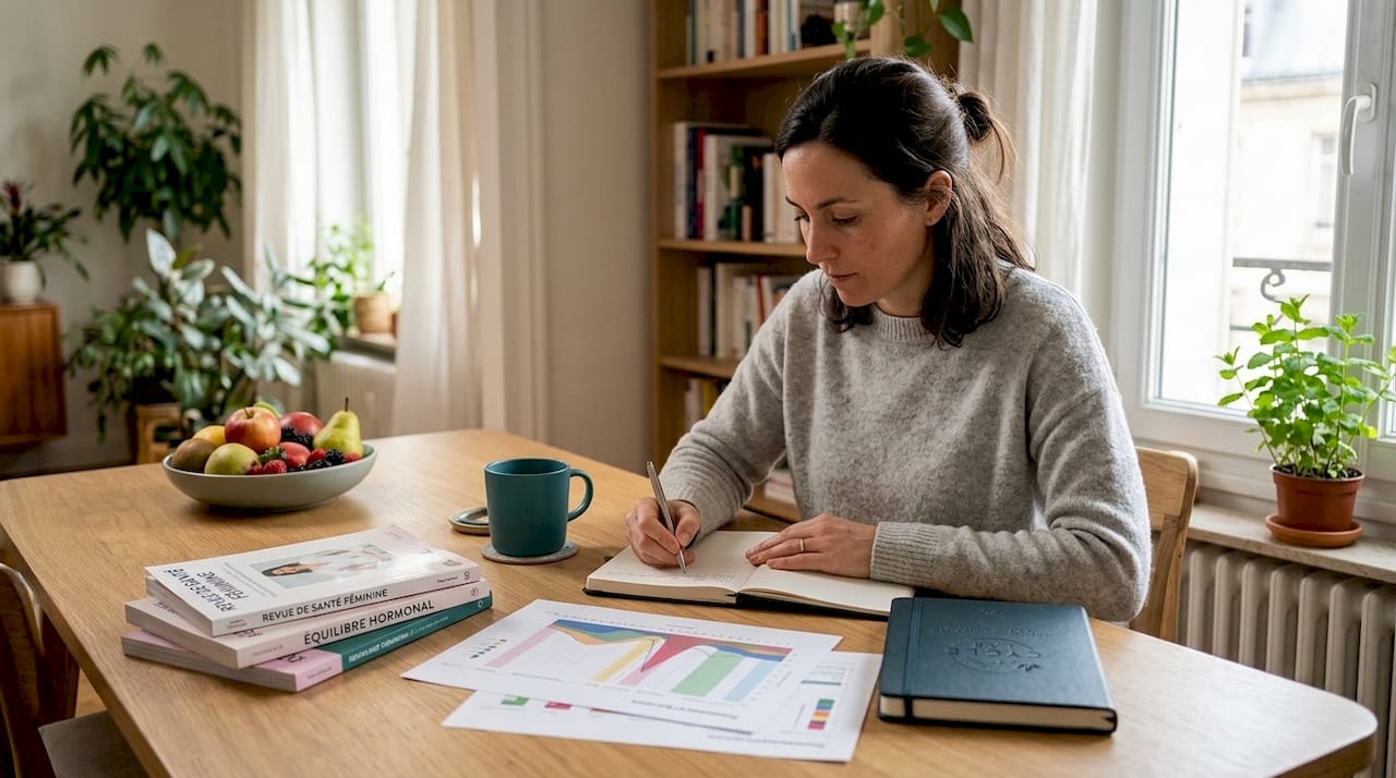 Une femme consulte ses notes sur l’équilibre hormonal tout en étant dans sa cuisine.