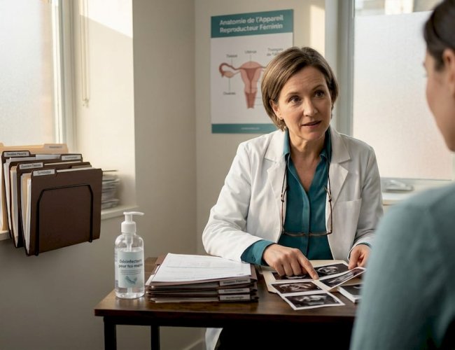 Lors d'une consultation, la gynécologue prend le temps d'examiner et d'expliquer les résultats des tests de fertilité à sa patiente.