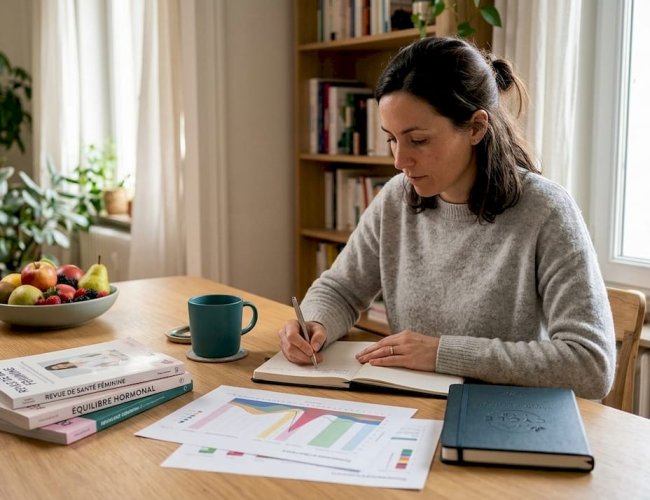 Une femme consulte ses notes sur l’équilibre hormonal tout en étant dans sa cuisine.